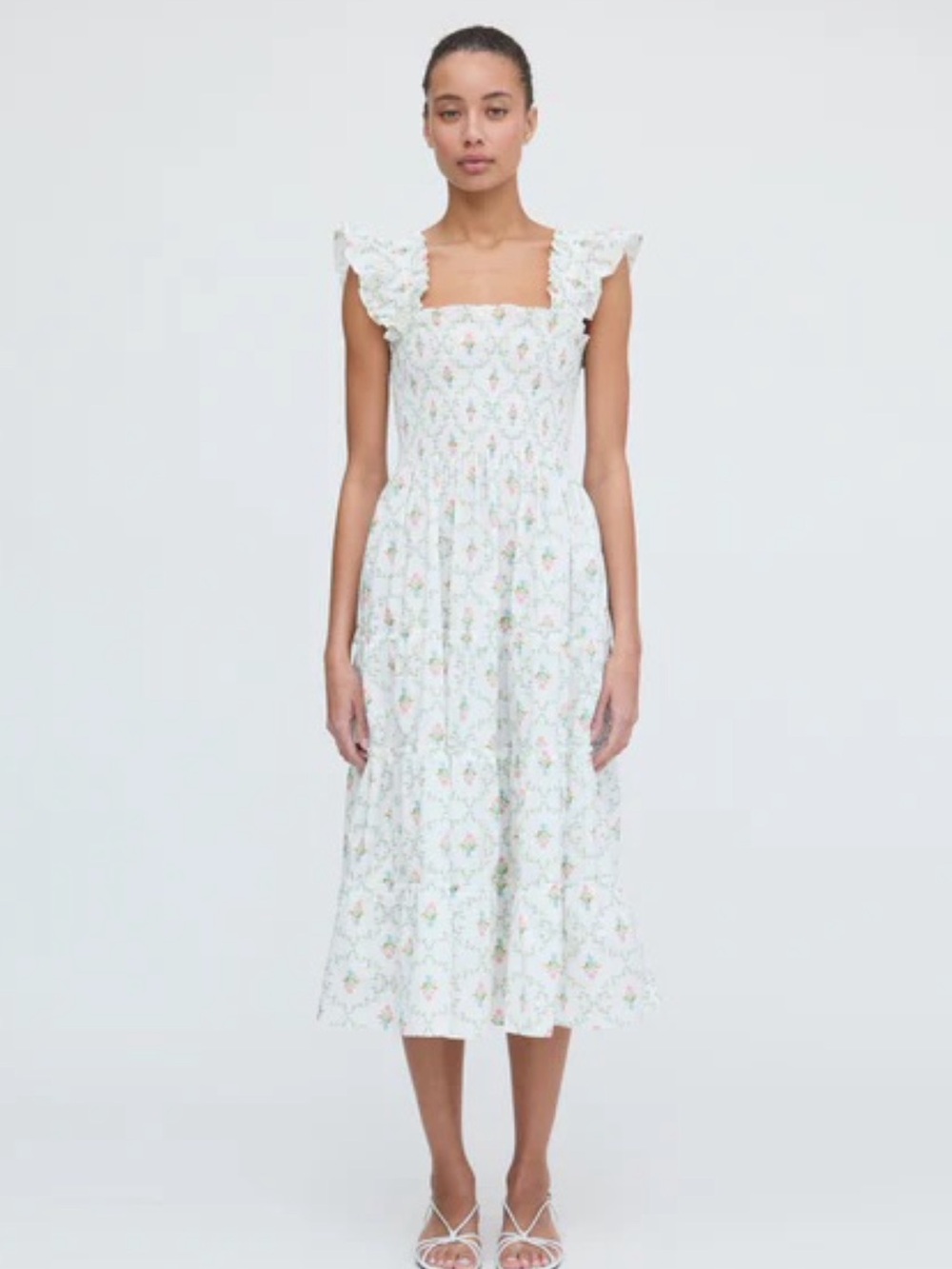 Hill House White Floral Midi Dress with Ruffle Straps
